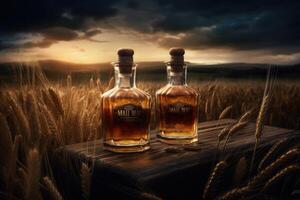 Whiskey glass gleams against a serene wheat field at sunset, nature's harmony. photo