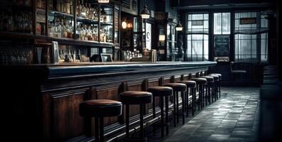 Dimly lit pub interior evokes warmth, with its bar counter and wooden chairs. photo