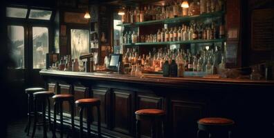 Dimly lit pub interior evokes warmth, with its bar counter and wooden chairs. photo