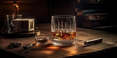 Rich whiskey in a glass, poised elegantly on a wooden table. photo