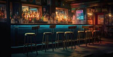 Dimly lit pub interior evokes warmth, with its bar counter and wooden chairs. photo