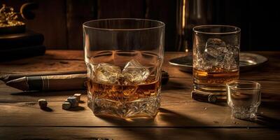 Rich whiskey in a glass, poised elegantly on a wooden table. photo