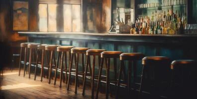 Dimly lit pub interior evokes warmth, with its bar counter and wooden chairs. photo