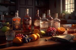 escocés whisky botellas línea arriba, Listo a gracia mecenas lentes en un pub. generativo ai foto