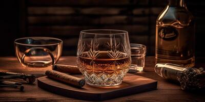 Rich whiskey in a glass, poised elegantly on a wooden table. photo