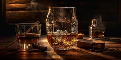 Rich whiskey in a glass, poised elegantly on a wooden table. photo