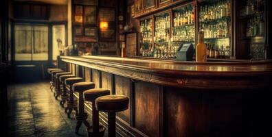 Dimly lit pub interior evokes warmth, with its bar counter and wooden chairs. photo