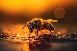 Bee diligently labor over honeycomb, a marvel of natural engineering. photo