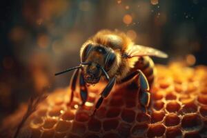 Bee diligently labor over honeycomb, a marvel of natural engineering. photo
