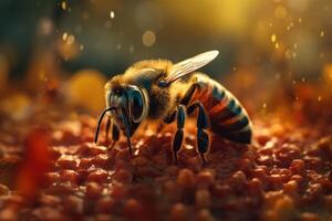 Bee diligently labor over honeycomb, a marvel of natural engineering. photo