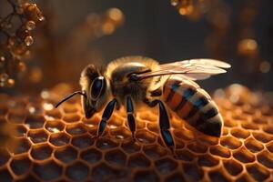 Bee diligently labor over honeycomb, a marvel of natural engineering. photo