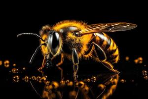 Solo honey bee shines against a dark backdrop, revealing fine details. photo