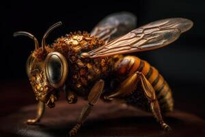 Solo honey bee shines against a dark backdrop, revealing fine details. photo