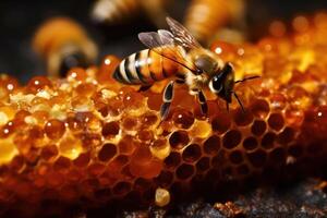 Bees diligently labor over honeycomb, a marvel of natural engineering. photo