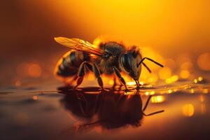 Bee diligently labor over honeycomb, a marvel of natural engineering. photo