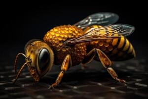 Solo honey bee shines against a dark backdrop, revealing fine details. photo