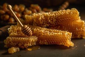Honeycombs, dipper, and golden nectar harmonize on rustic wood. photo