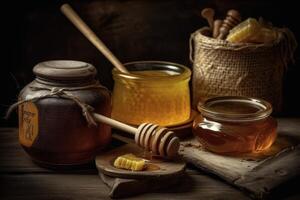 Golden honey cascades from dipper to jar, a delicious treasure in the dark. photo