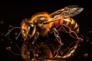 Solo honey bee shines against a dark backdrop, revealing fine details. photo