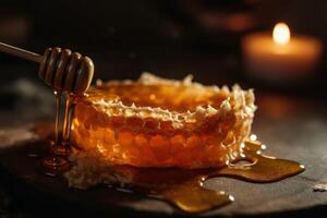 Honeycombs, dipper, and golden nectar harmonize on rustic wood. photo