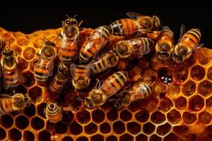Bees diligently labor over honeycomb, a marvel of natural engineering. photo
