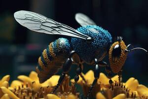 Macro shot of a bee, hard at work gathering nectar on vibrant yellow bloom. photo