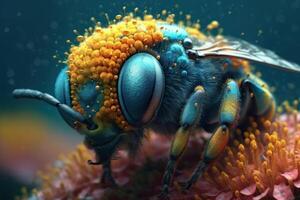 Macro shot of a bee, hard at work gathering nectar on vibrant yellow bloom. photo