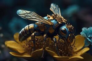 Macro shot of a bee, hard at work gathering nectar on vibrant yellow bloom. photo