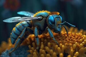 Macro shot of a bee, hard at work gathering nectar on vibrant yellow bloom. photo