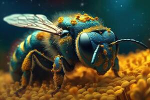 Macro shot of a bee, hard at work gathering nectar on vibrant yellow bloom. photo