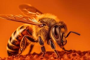 Macro shot of a bee, hard at work gathering nectar on vibrant yellow bloom. photo