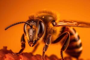 macro Disparo de un abeja, difícil a trabajo reunión néctar en vibrante amarillo floración. generativo ai foto