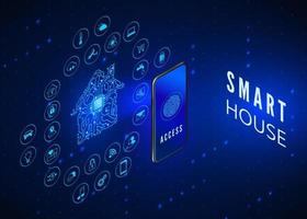 Smart House concept. IOT. Mobile phone monitoring and controls all smart system in house. Access to smart system using smartphone with icons set. Vector illustration