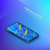 Delivery or taxi service isometric banner. Navigation or gps in mobile. Mobile app cab or shipping. City map on smartphone display with route. Vector illustration