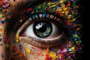 Vibrant multicolored makeup adorns a woman's eye, celebrating LGBTQ pride. photo