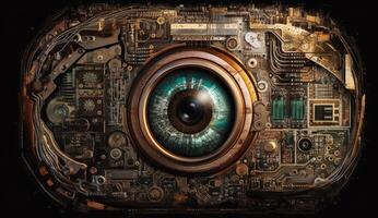 Human eye melds with circuitry, epitomizing technology's reach. photo