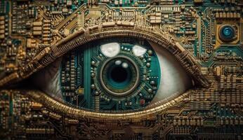 Human eye melds with circuitry, epitomizing technology's reach. photo