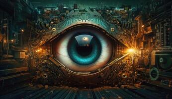 Human eye melds with circuitry, epitomizing technology's reach. photo