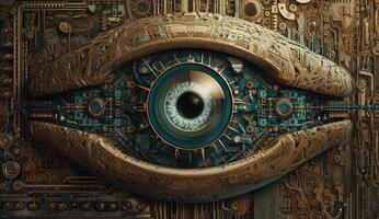 Human eye melds with circuitry, epitomizing technology's reach. photo