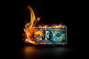 Flames consume dollar bills, symbolizing financial turmoil and loss. photo