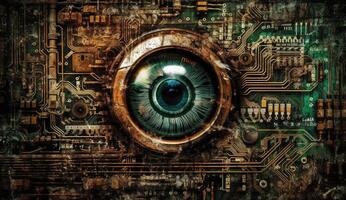 Human eye melds with circuitry, epitomizing technology's reach. photo