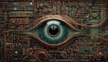 Human eye melds with circuitry, epitomizing technology's reach. photo