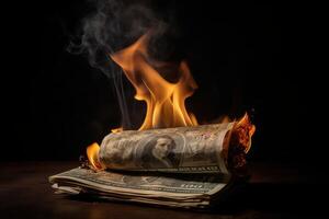 Flames consume dollar bills, symbolizing financial turmoil and loss. photo