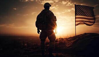 Elite US special forces soldier stands proud before a flag, honoring the fallen. photo
