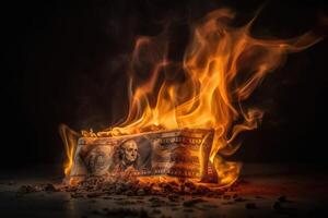 Flames consume dollar bills, symbolizing financial turmoil and loss. photo