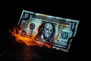 Flames consume dollar bills, symbolizing financial turmoil and loss. photo