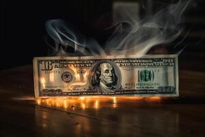 Flames consume dollar bills, symbolizing financial turmoil and loss. photo