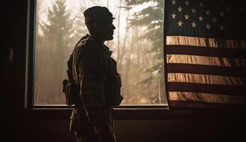 Elite US special forces soldier stands proud before a flag, honoring the fallen. photo