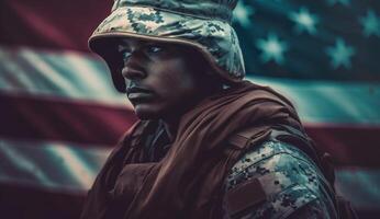 Elite US special forces soldier stands proud before a flag, honoring the fallen. photo