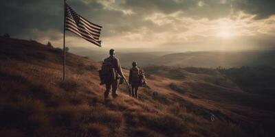 Elite US special forces soldier stands proud before a flag, honoring the fallen. photo